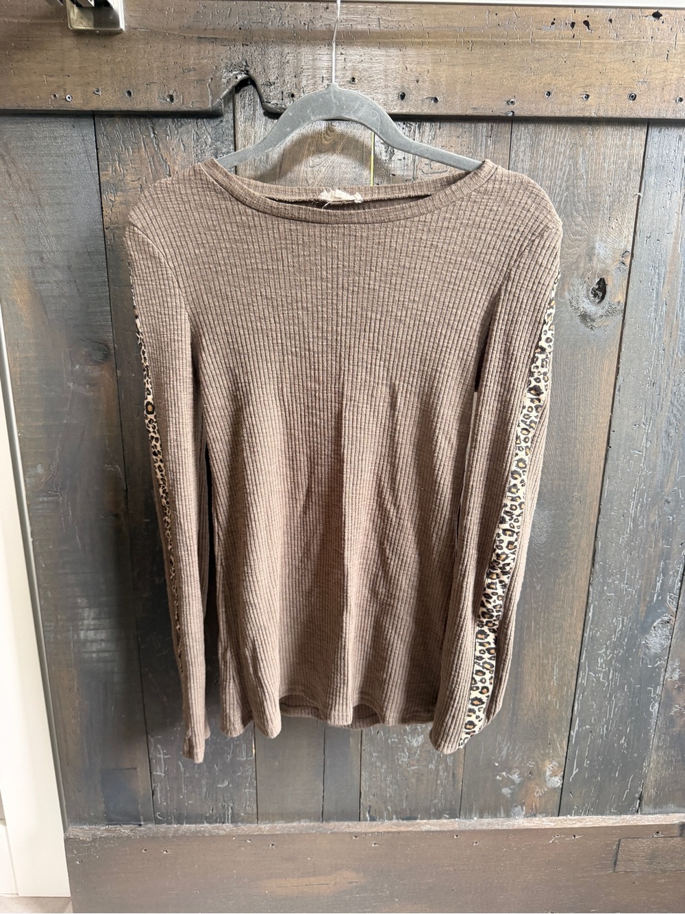 Waffle-Knit Long Sleeve Top with Leopard Sleeve Trim - Taupe